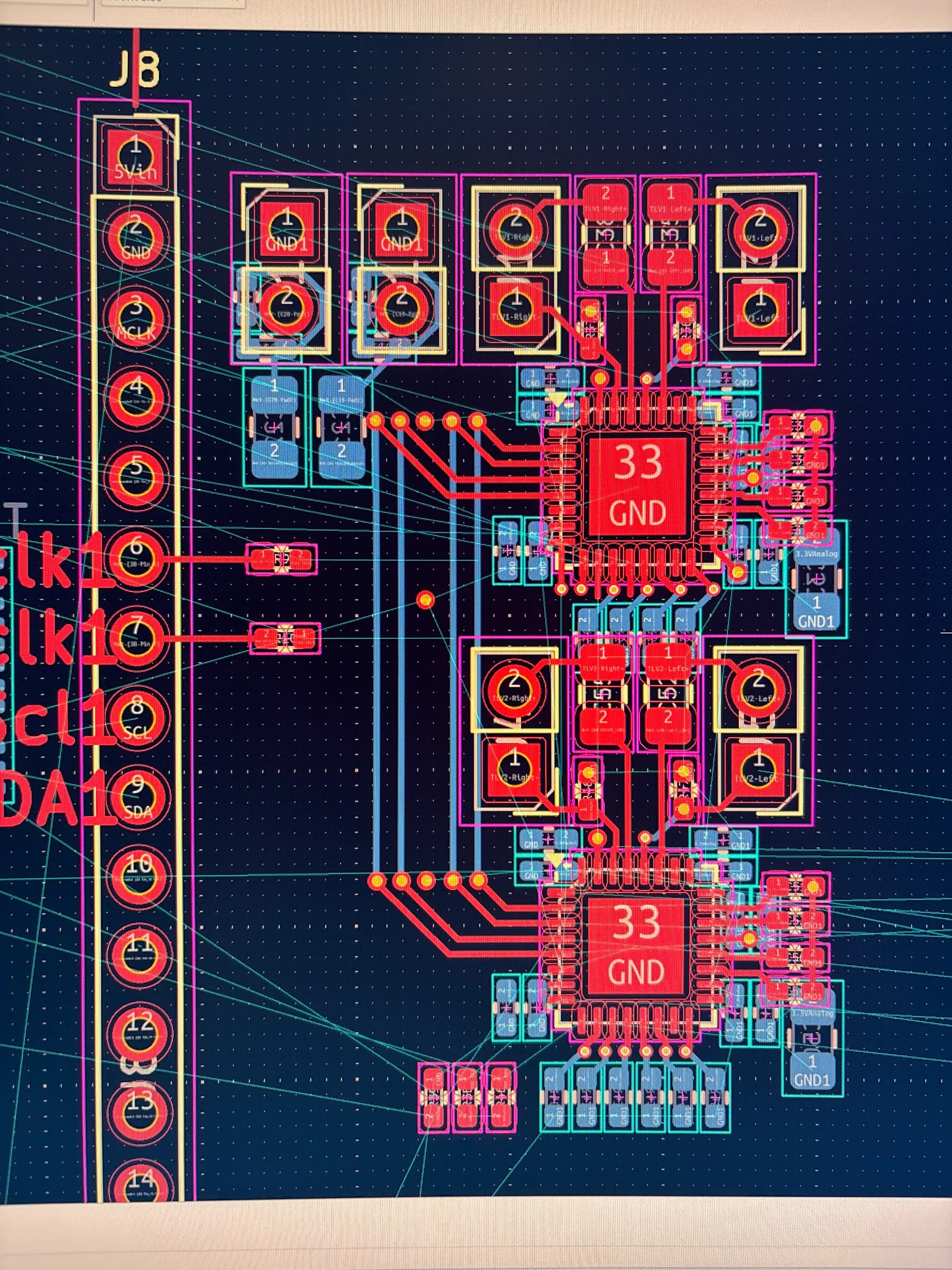 KiCad close-up showing two stacked codec sections of the DSP Revision 1 layout.