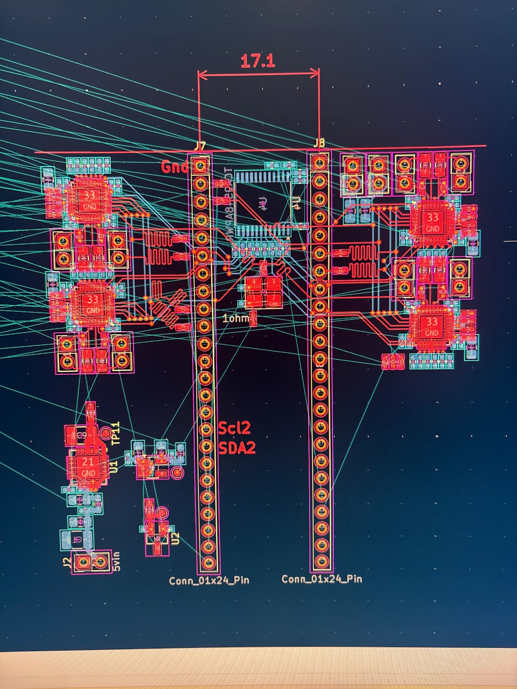 KiCad board layout showing the four codec sections, controller headers, and unrouted connections for DSP Revision 1.