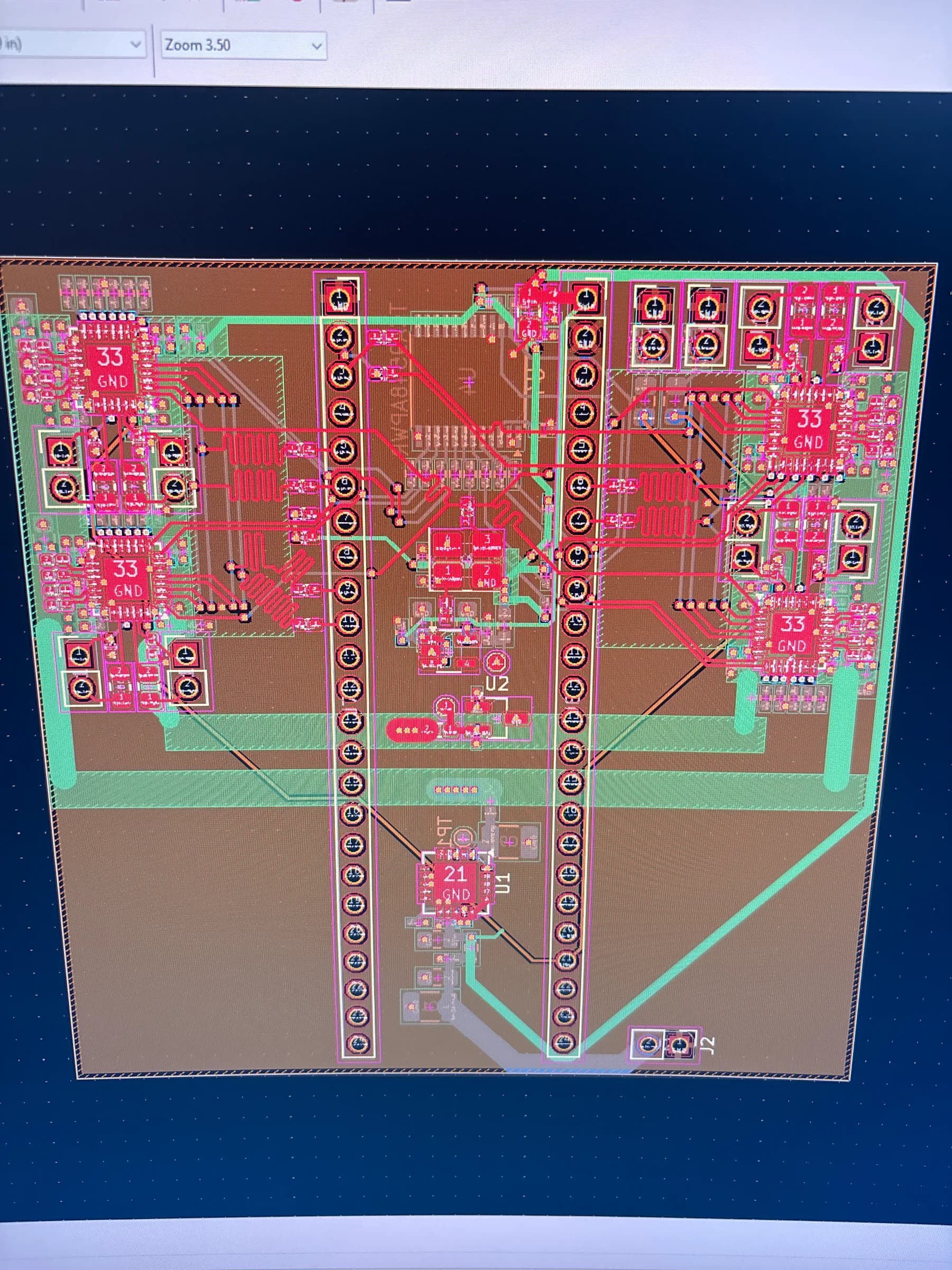 KiCad PCB editor showing the routed DSP Revision 1 board with copper zones and two controller headers.