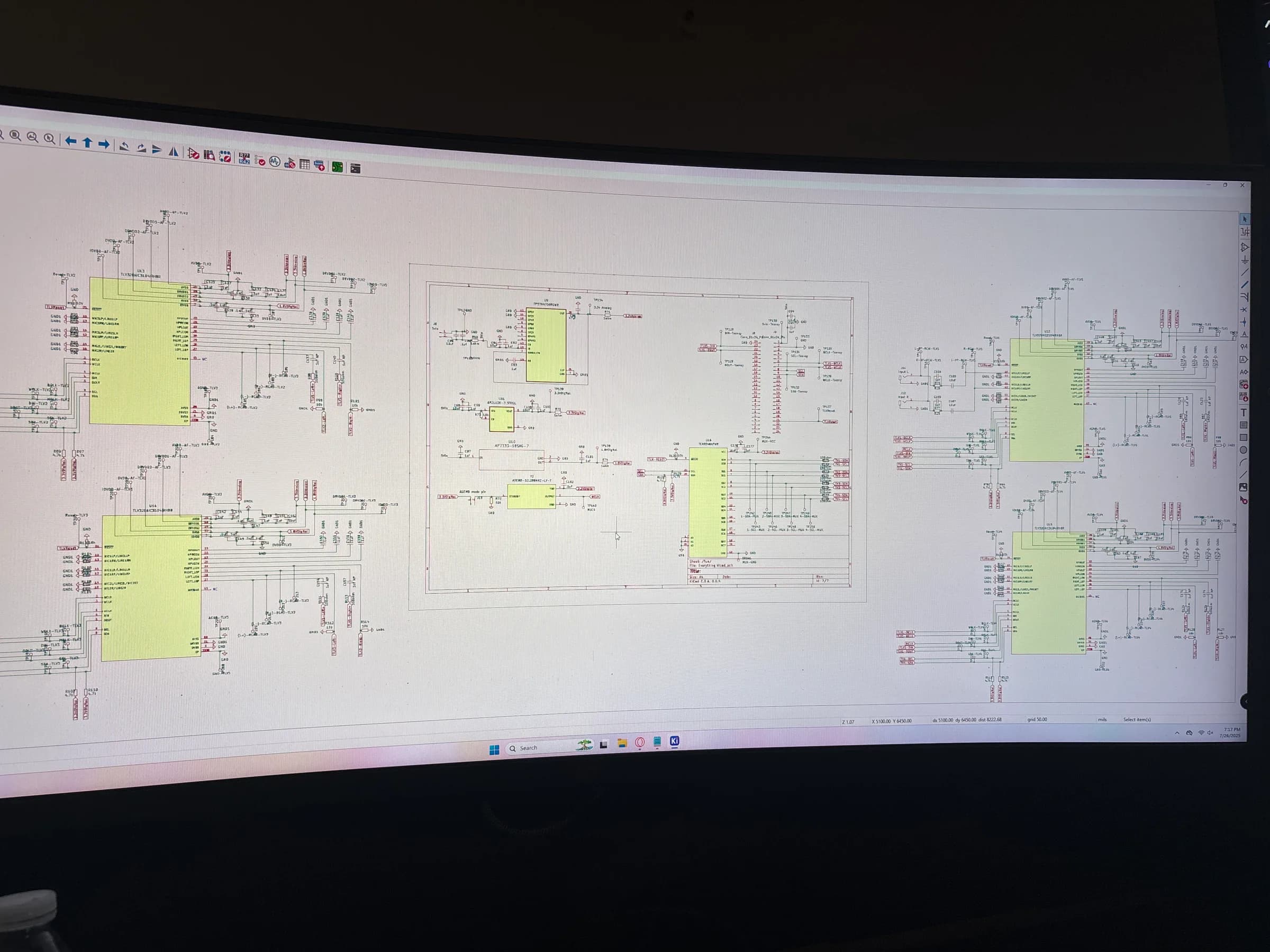 Wide KiCad schematic view showing four codec blocks around the central controller and power circuitry for DSP Revision 1.