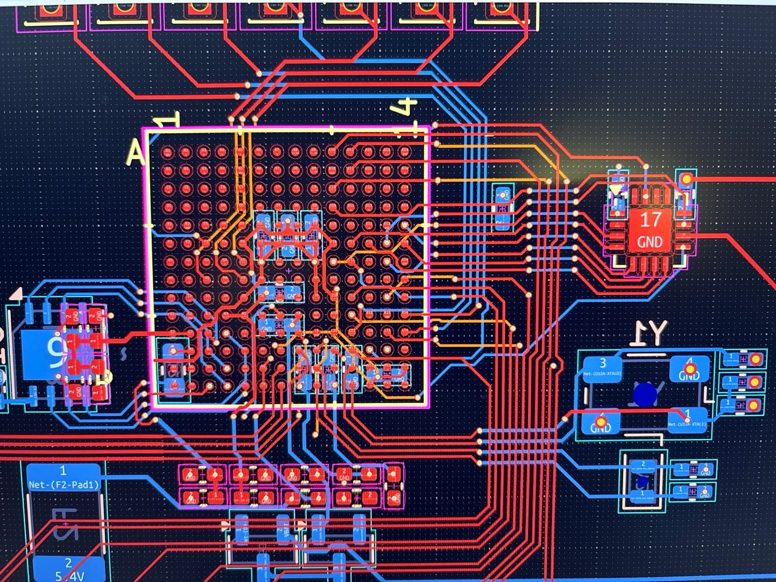 KiCad close-up of the densely routed i.MX RT1062 region on DSP Revision 3.