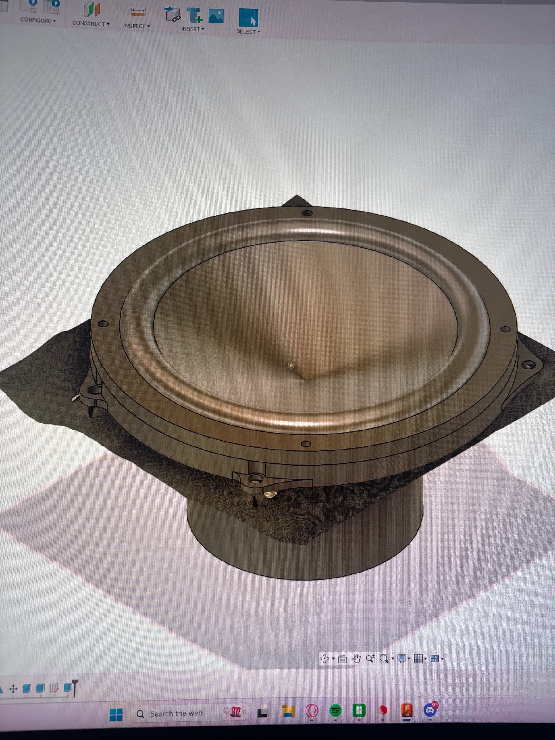 Fusion 360 model of the scan-derived 6.5-inch speaker adapter geometry.