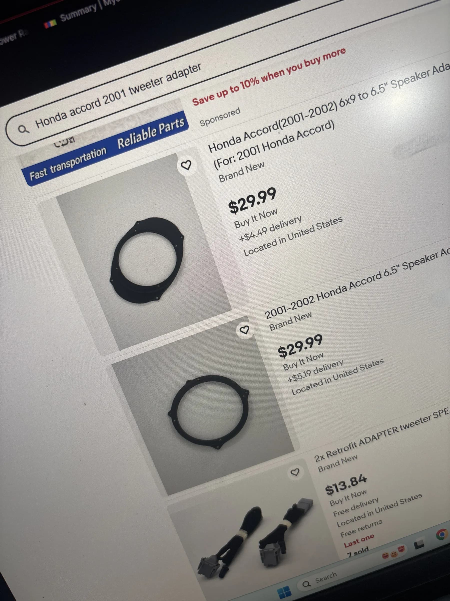 Marketplace results showing two $29.99 Honda Accord speaker-adapter listings above an unrelated product marked seven sold.