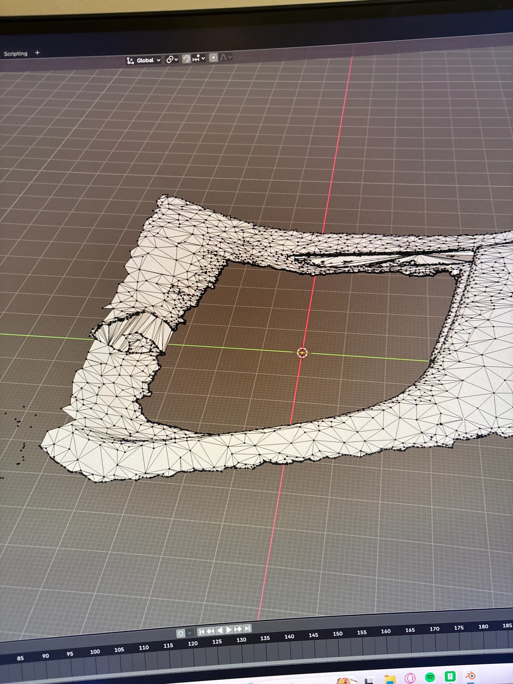 Dense noisy tweeter-pocket mesh being repaired and retopologized in Blender.